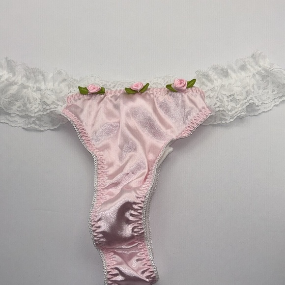 Coquette‎ Girlie Pink Silky Satin Lace & Rosette Trim Feminine Thong Panties NWT - Picture 8 of 13